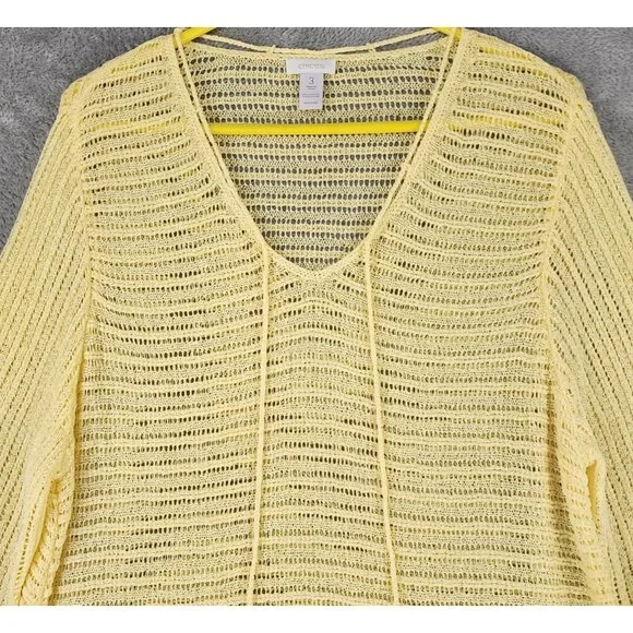 Chicos Shirt Womens Size 3 Yellow Open Knit V Neck Tassels 3/4 Sleeve Loose Top - Picture 6 of 10